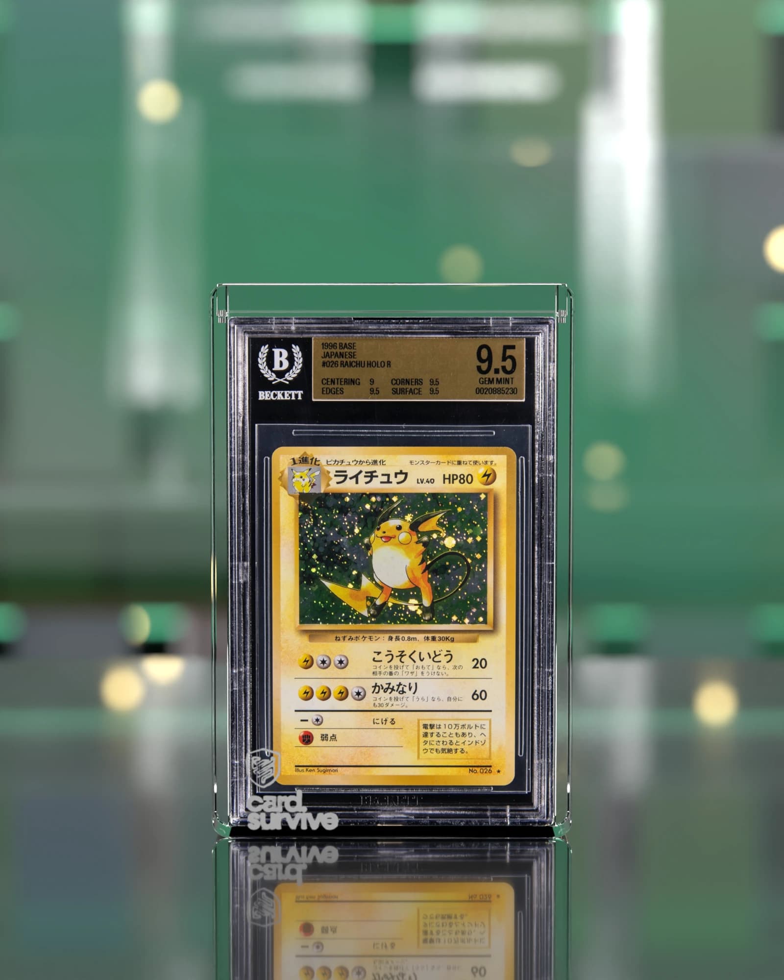 The Tank with a Beckett slab of Raichu inside, front view, on a shop counter in front of lit glass showcases, emerald light.