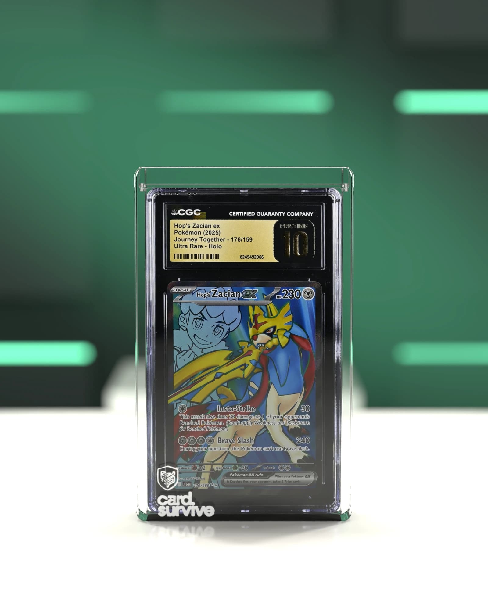 The Tank with a CGC slab of Hop's Zacian inside, front view, on a white showcase in a boutique display, emerald light.