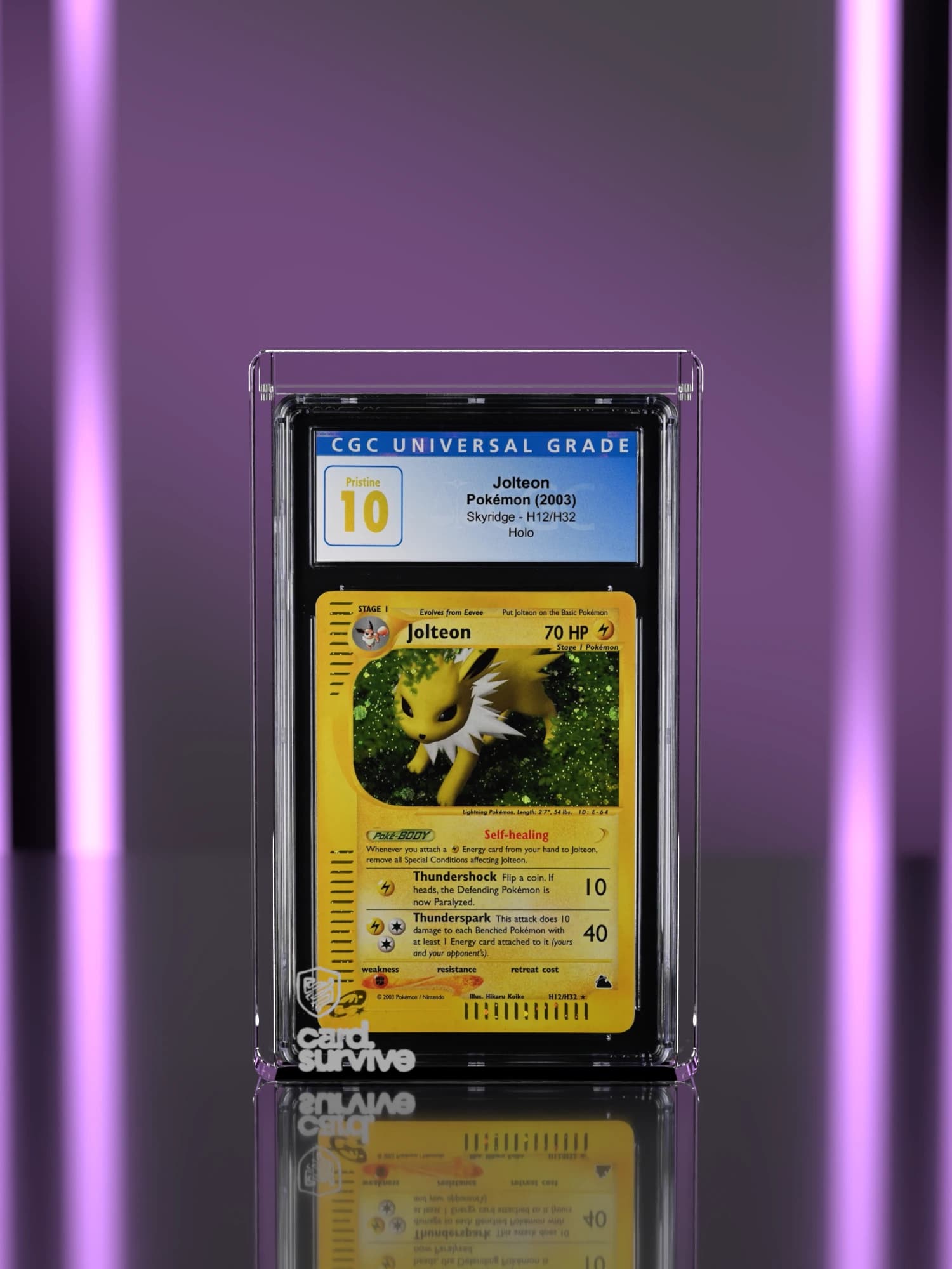 The Tank with a CGC slab of Jolteon inside, front view, in front of a neon lit display cabinet, plum light.