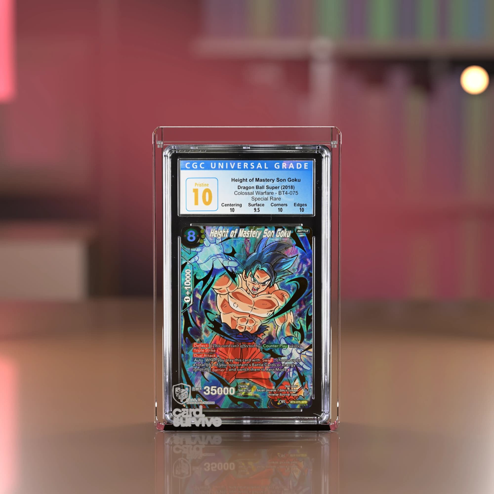 The Tank with a CGC slab of Son Goku inside, front view, on a walnut desk in a warm wooden den, crimson light.