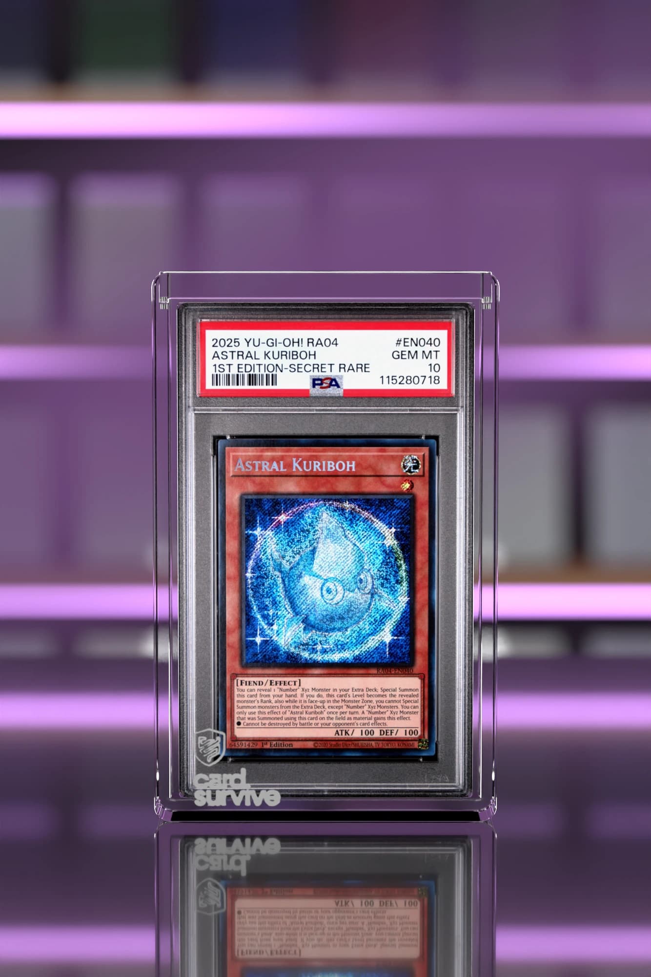 The Tank with a PSA slab of Astral Kuriboh inside, front view, in front of a collector shelf of graded slabs, plum light.