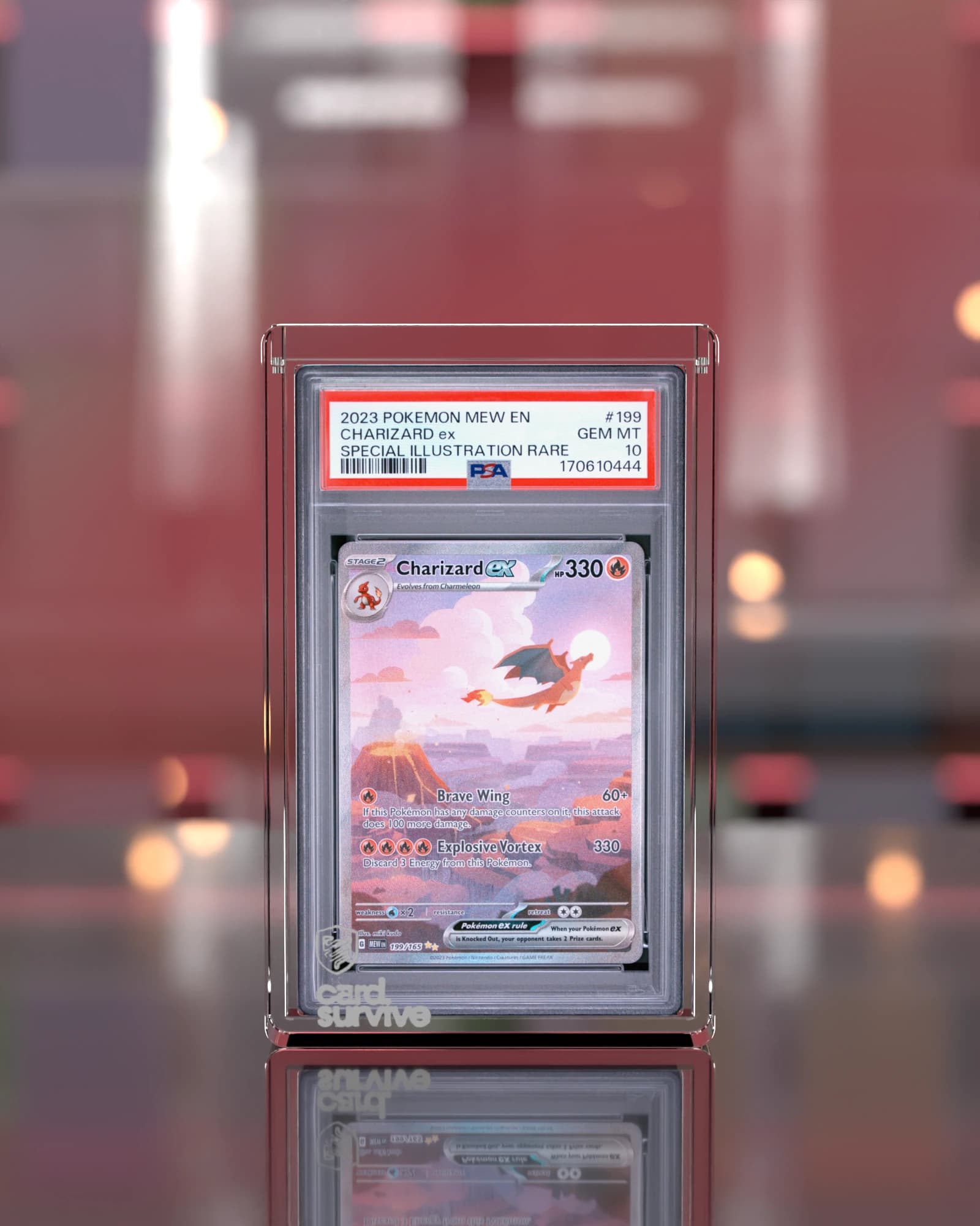 The Tank with a PSA slab of Charizard ex inside, front view, on a shop counter in front of lit glass showcases, crimson light.