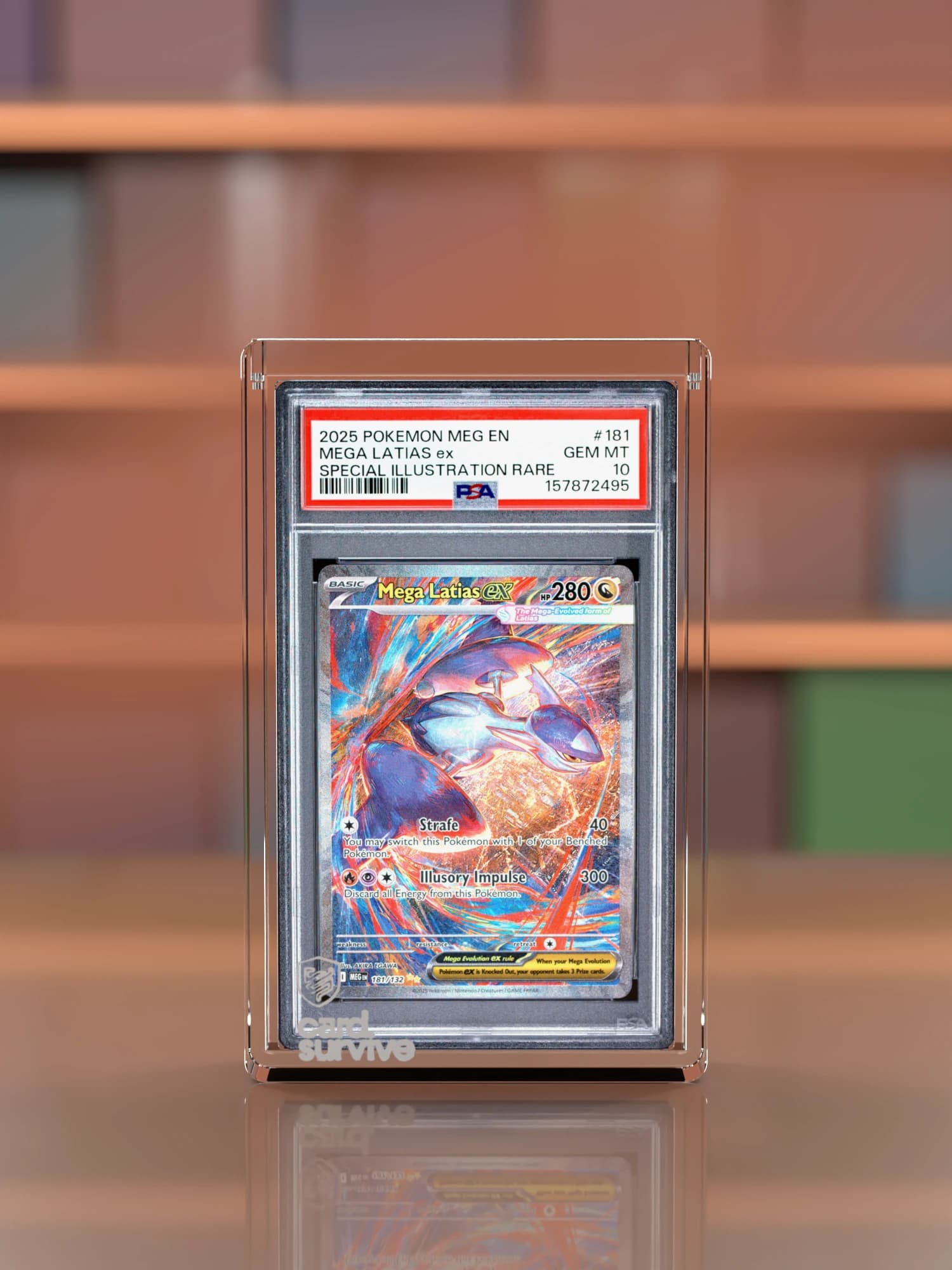The Tank with a PSA slab of Mega Latias ex inside, front view, on a wooden counter in front of a wall of sealed booster boxes, burnt orange light.