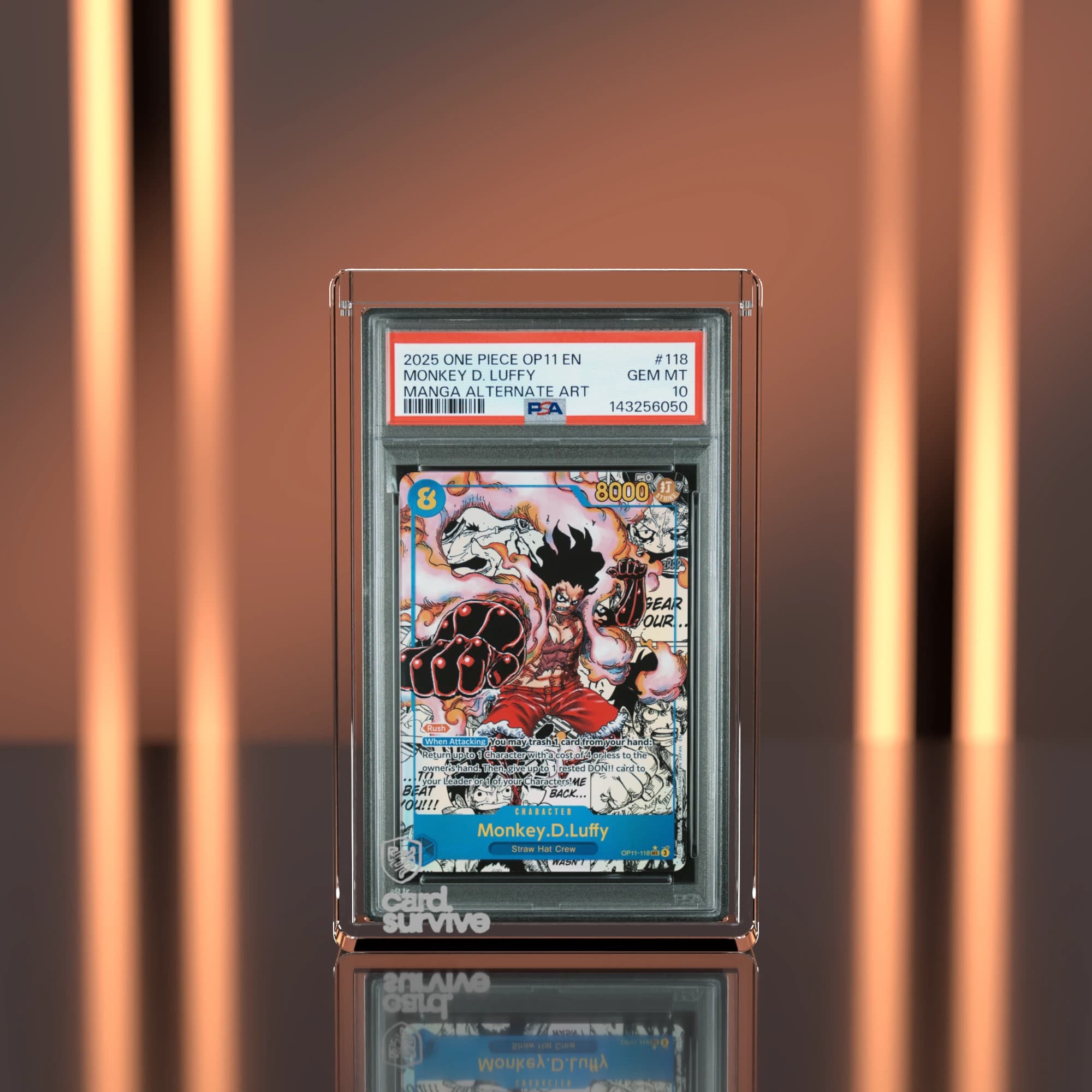 The Tank with a PSA slab of Monkey D. Luffy inside, front view, in front of a neon lit display cabinet, burnt orange light.