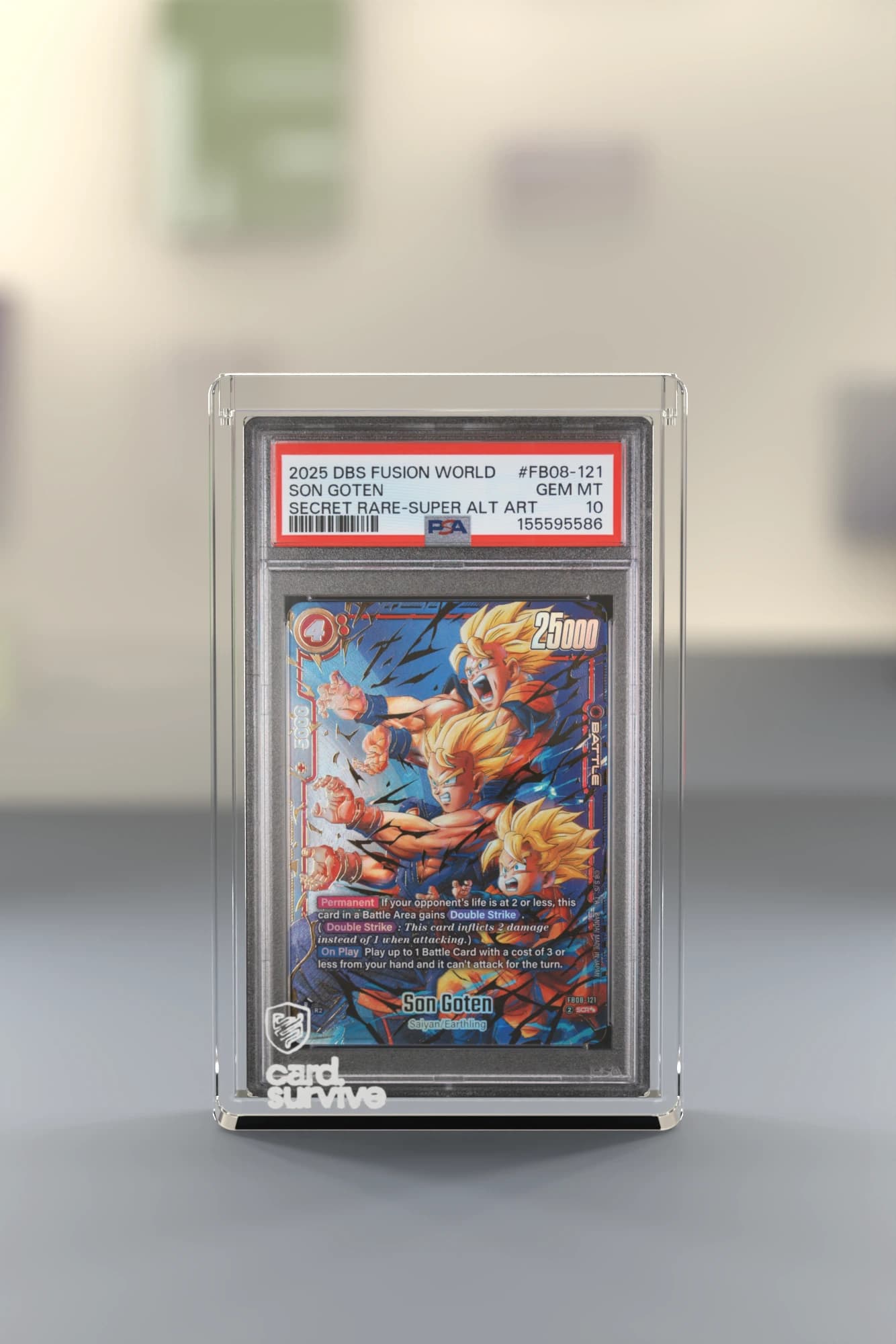 The Tank with a PSA slab of Son Goten inside, front view, on a grading day desk with sleeves and toploaders, cream light.