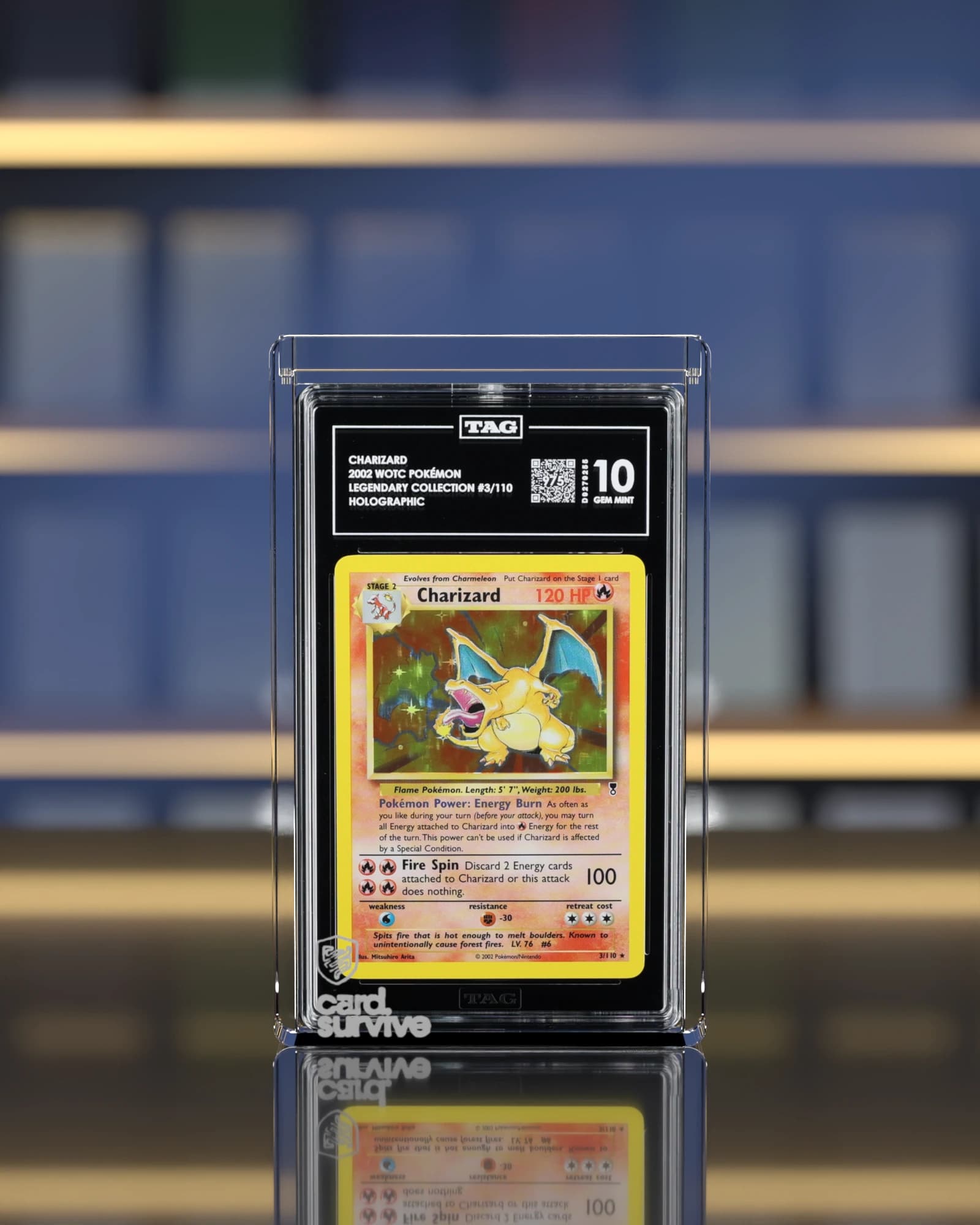 The Tank with a TAG slab of Charizard inside, front view, in front of a collector shelf of graded slabs, navy light.