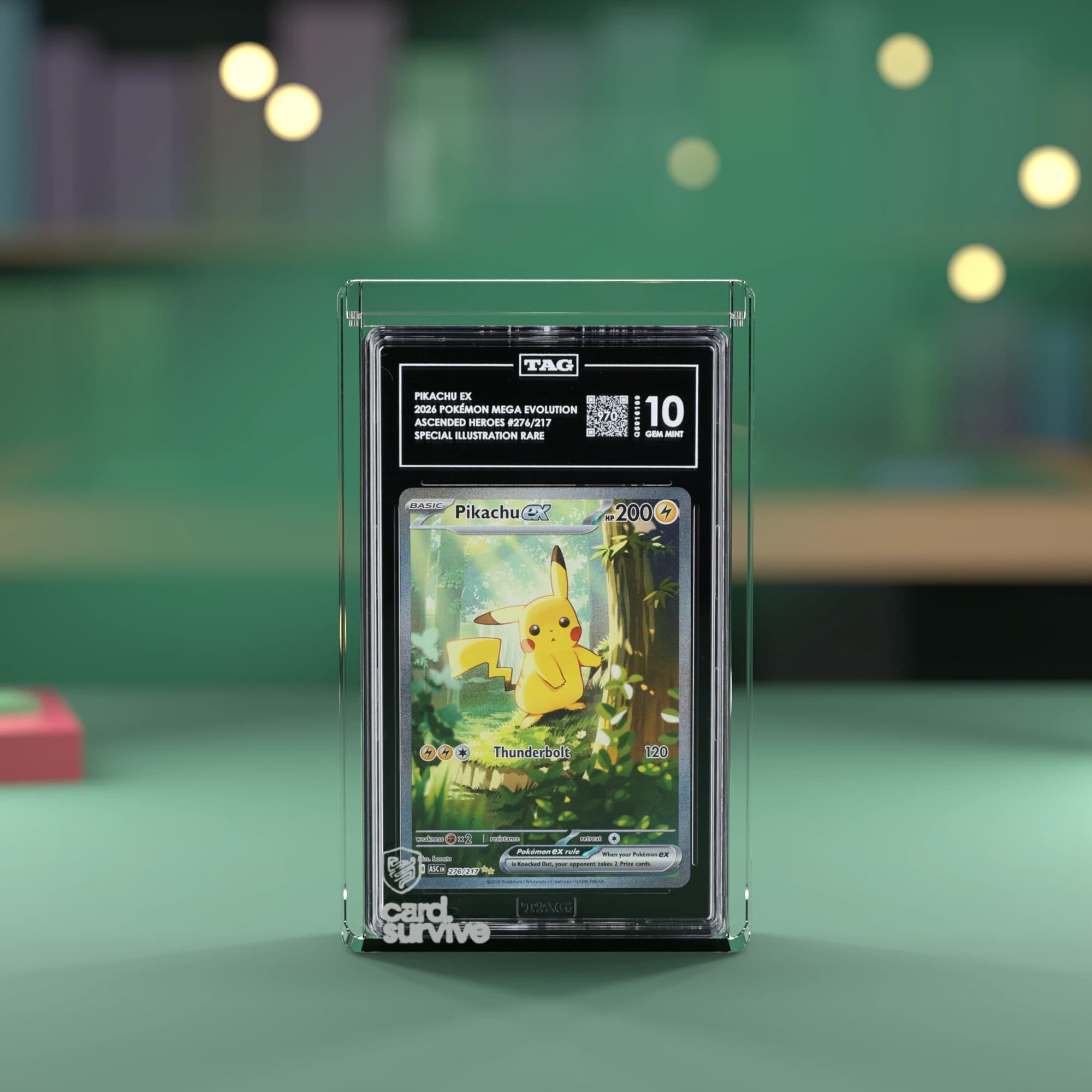 The Tank with a TAG slab of Pikachu ex inside, front view, on a game store table with dice and cards, emerald light.