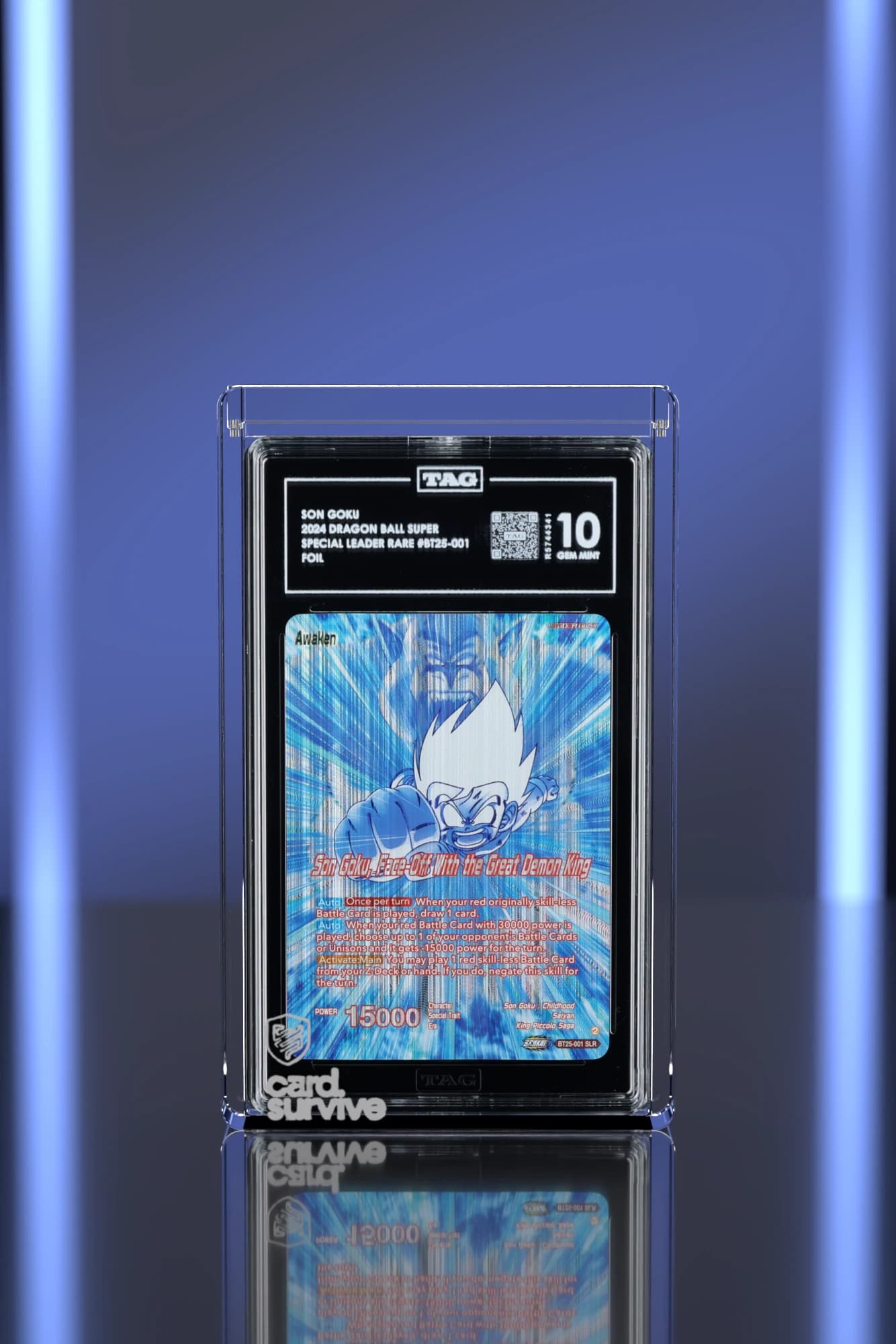 The Tank with a TAG slab of Son Goku inside, front view, in front of a neon lit display cabinet, cobalt blue light.