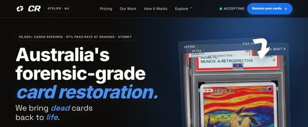 CardRevive website showing its card restoration headline and a before-and-after graded-card example