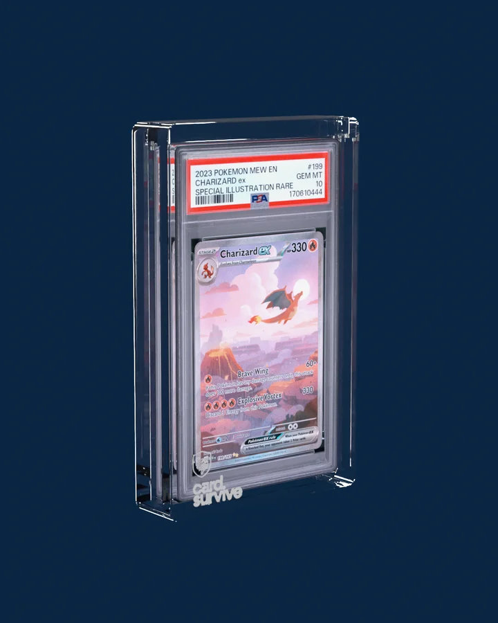 The Tank slab protector, shown with a PSA 10 Charizard ex slab, not included
