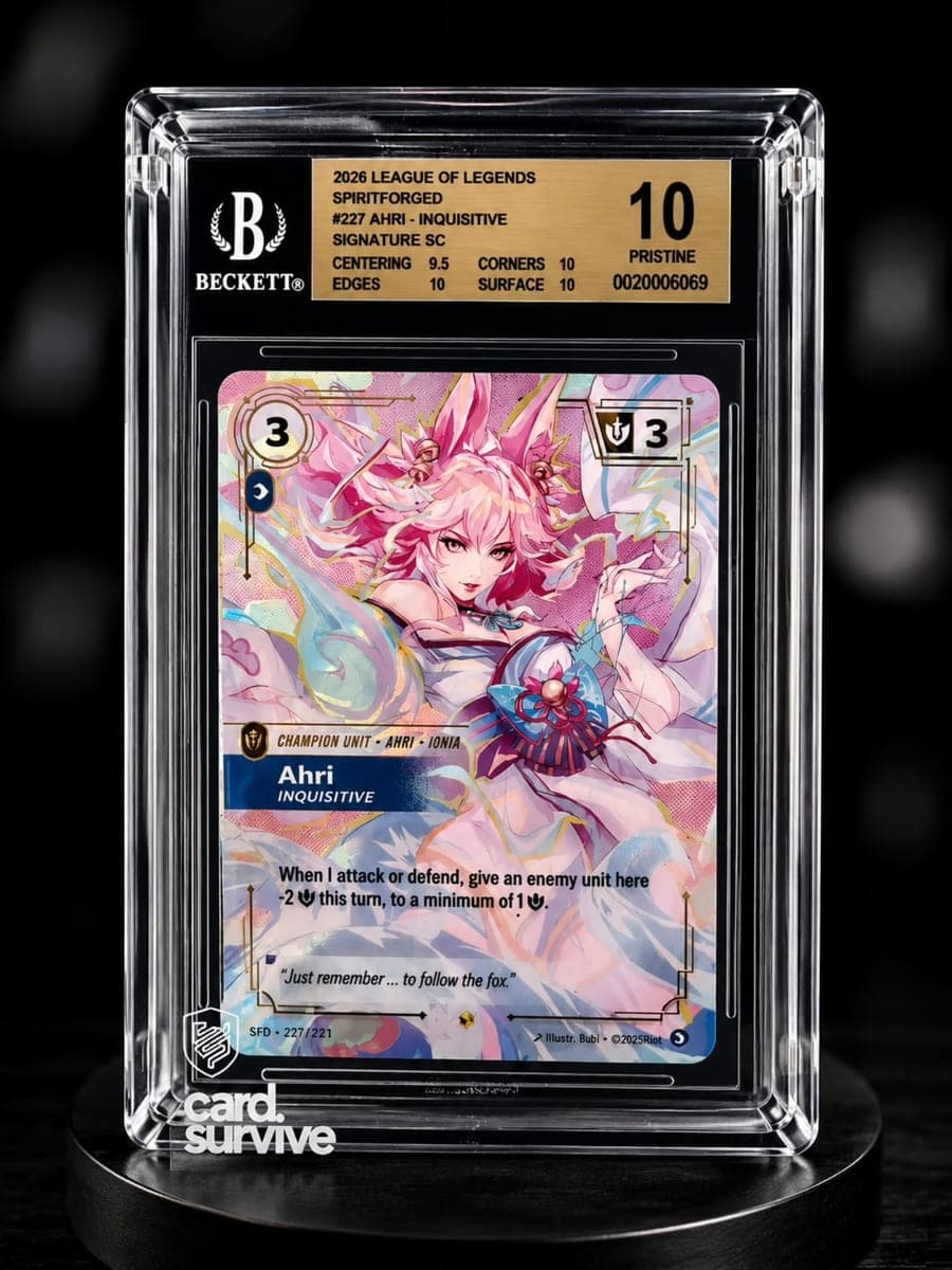 A BGS 10 graded card installed in The Tank protector on a display stand against a black background.