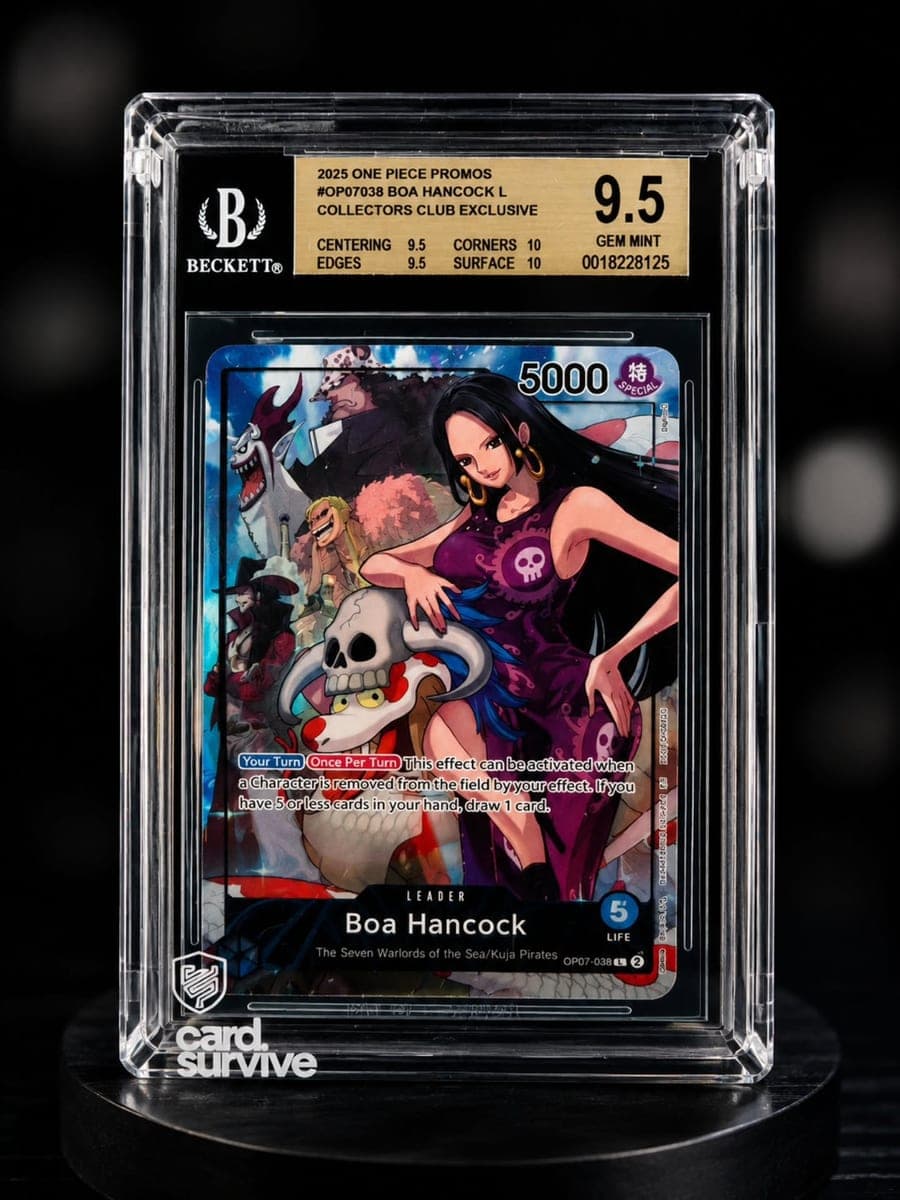 A BGS 9.5 graded card installed in The Tank protector on a display stand against a black background.