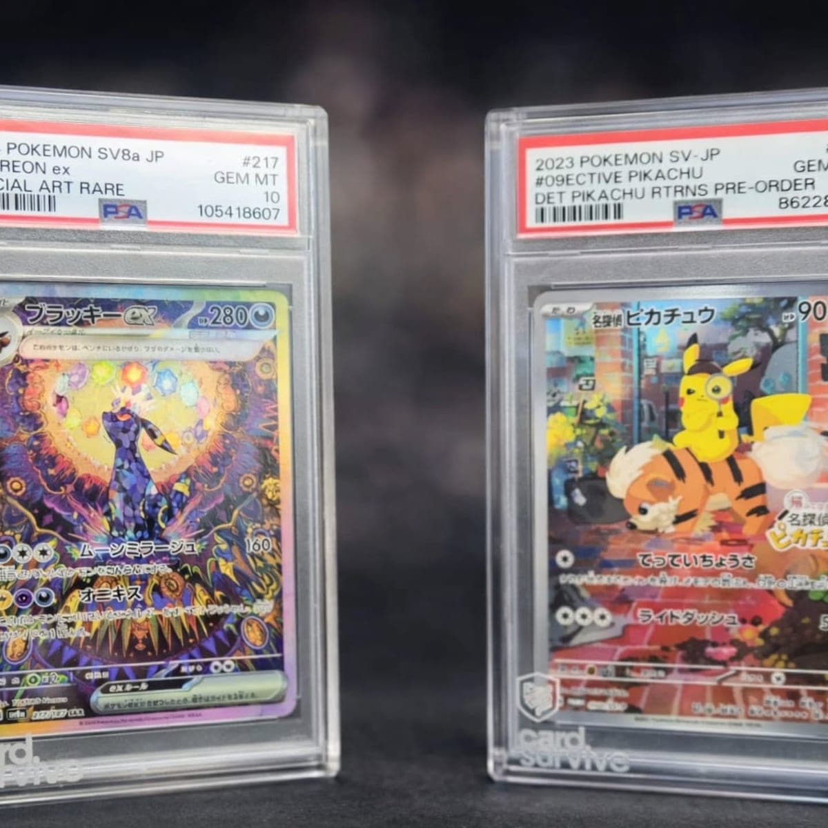 Two PSA-graded cards installed in The Tank protectors in a studio photograph.