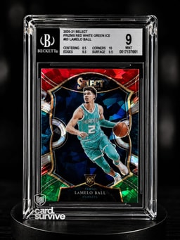 A BGS 9 graded LaMelo Ball basketball card installed in The Tank protector on a display stand against a dark background.